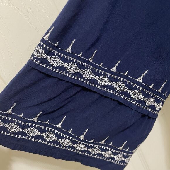 Liz Claiborne Blouse Keyhole Neck 3/4 Sleeve Shirt Blue Large Boho Embroidered‎ - Picture 5 of 10